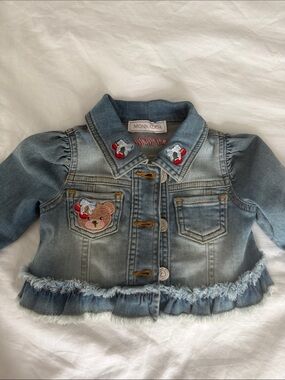 MonnaLisa Denim Jacket in Light Blue with Embroidered Bear and Floral Details
